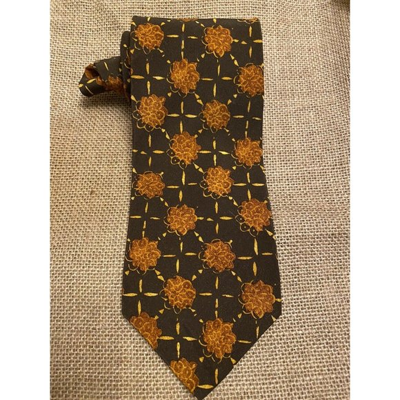 ❤️ 3/$15 HUGO BOSS Brown Orange Geometric Floral Silk Italy Necktie Tie - Picture 3 of 4